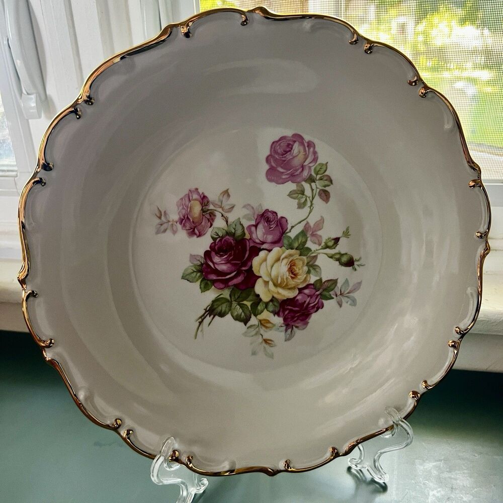 Vintage Schumann Arzberg Germany Porcelain 12" Large Serving Bowl Roses Gold Rim